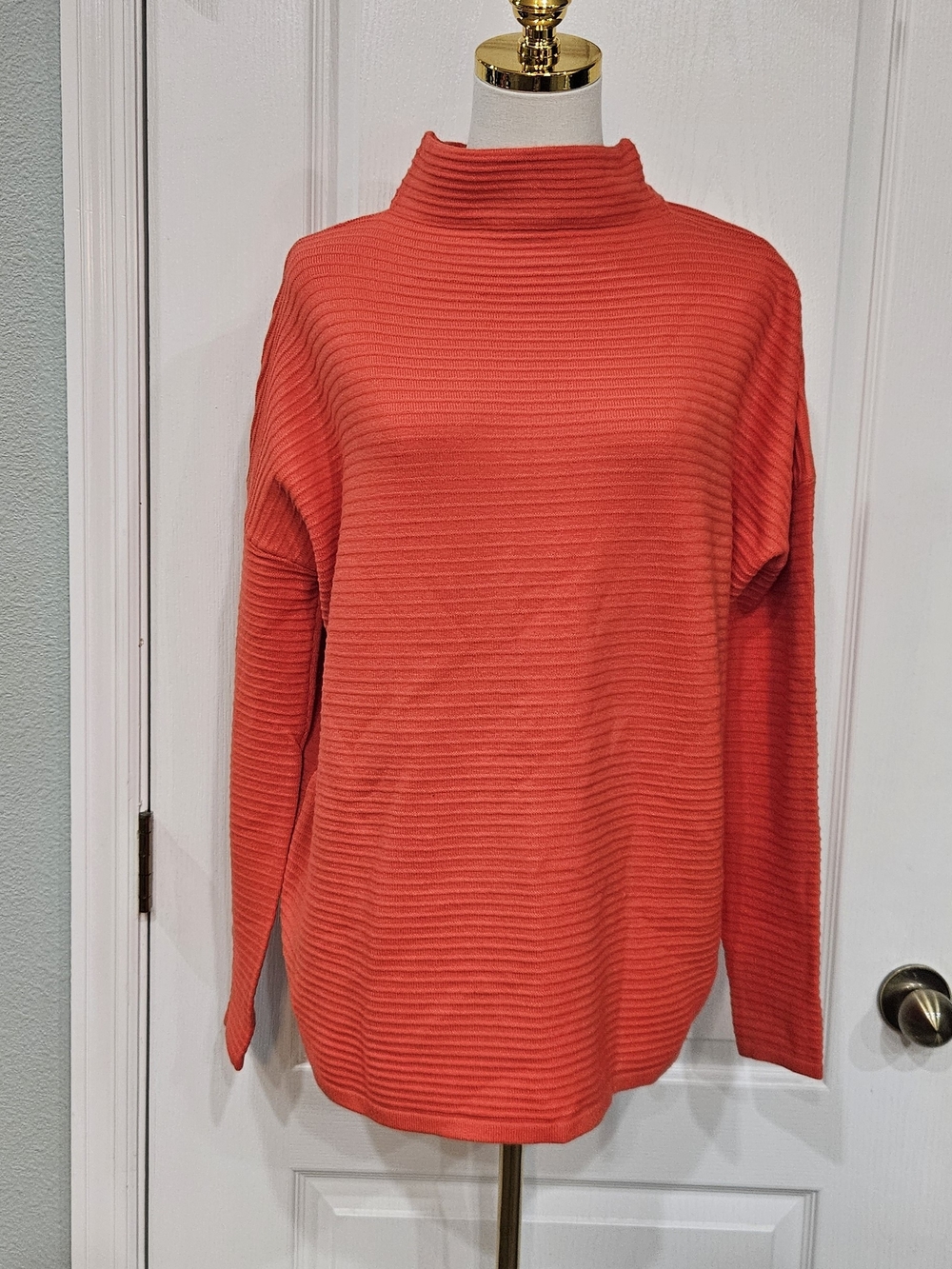 French Connection Ribbed Mock Neck Sweater in Coral Orange